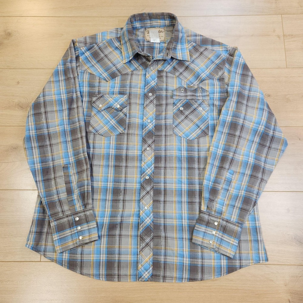 Wrangler Western Shirt Mens XL Blue Gray Plaid Pearl Snap Long Sleeve Cowboy